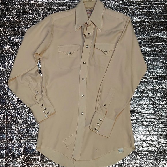 FREE SHIPPING VTG California Ranch Wear H Bar C Beige Pearl Snap Western Shirt - Picture 2 of 7